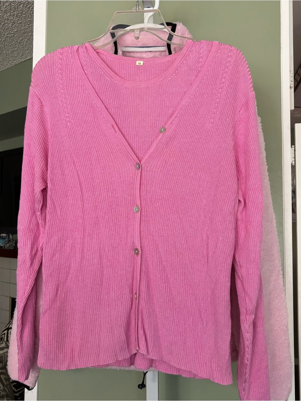 Women’s Pink Button-Up Ribbed Sweater and matching tank under it. XL